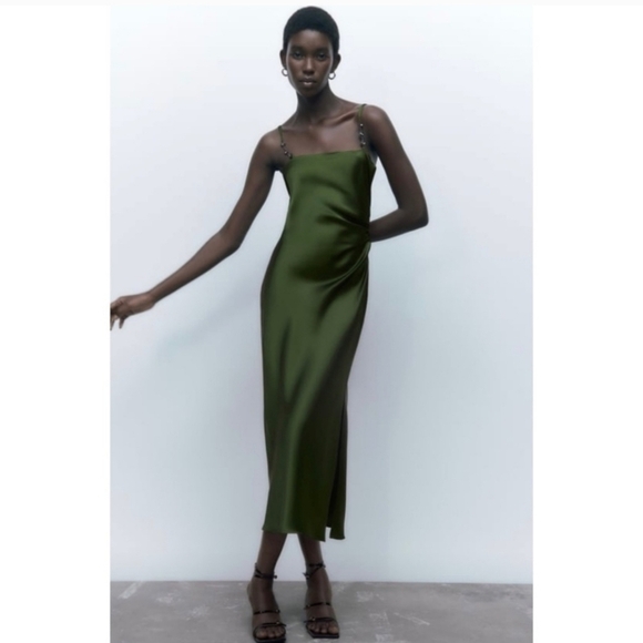 New Zara Satin Effect Jewel Straps Green Midi Dress NWT XS - Picture 7 of 17